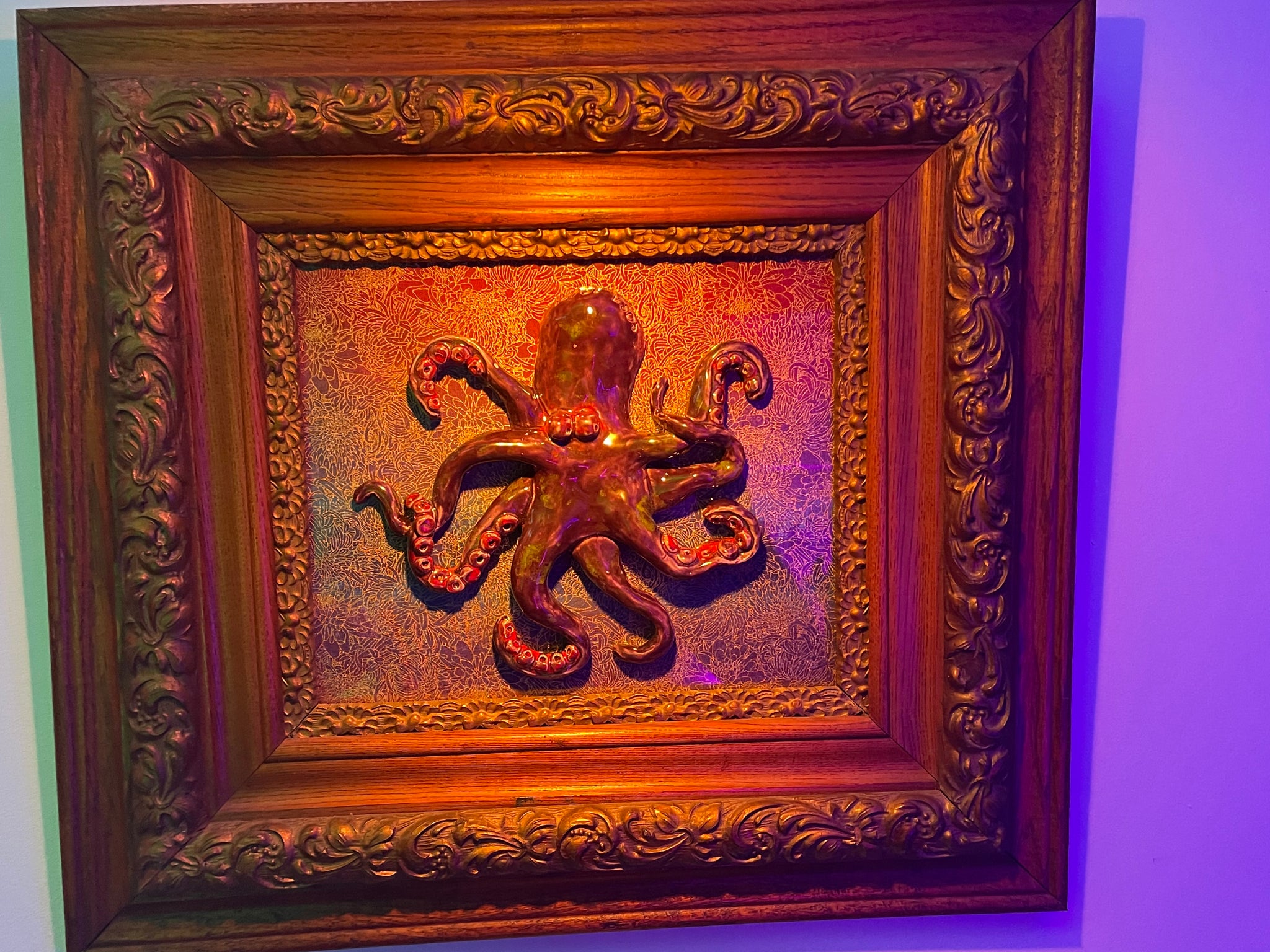 Purple Octopus on Thai Fabric and antique frame